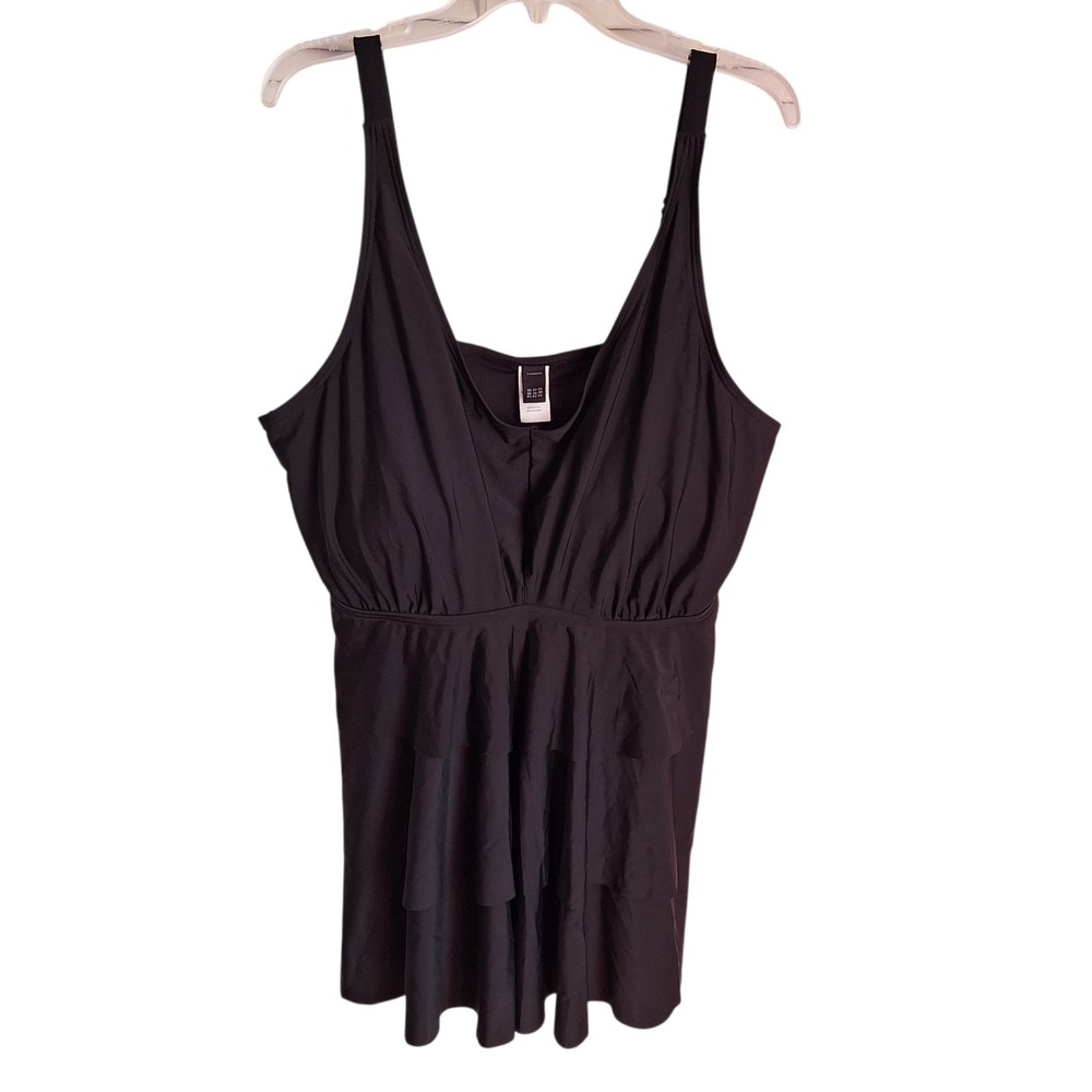 Bloomchic Womens Plus 22-24 Black Layered Swimsuit Top V Neck Silver Rings Beach